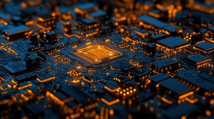 Wall Mural - A close-up view of a circuit board with glowing components, showcasing technology.