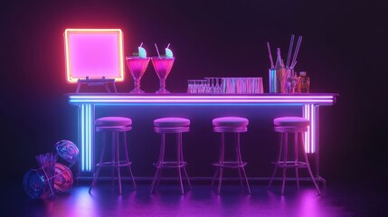 Wall Mural - A vibrant bar scene featuring neon lights, cocktails, and stools for a lively atmosphere.