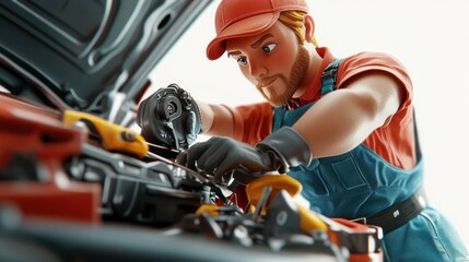 Wall Mural - A mechanic working on a car engine with tools.