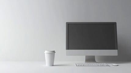 Poster - A minimalist workspace featuring a computer and a coffee cup on a clean desk.