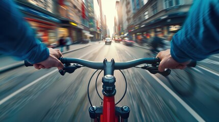 First-person view of a cyclist riding down the street on a sunny day, with a motion-blurred background.
