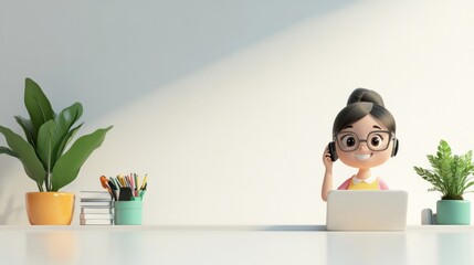 Sticker - A cartoon character with glasses sits at a desk with a laptop and plants, appearing cheerful.