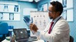 © DC Studio - General practitioner putting his medical disposable gloves on before examining a patient in cabinet, protection and prevention against bacteria. Medic provides healthcare services. Camera B.