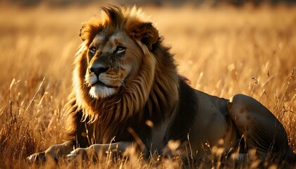 Wall Mural - Regal lion basking in golden hour light, commanding the savanna with an air of dominance and tranquility