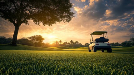 Beautiful green golf course with a golf cart in the background with a beautiful sunset in the background with space for text or inscriptions
