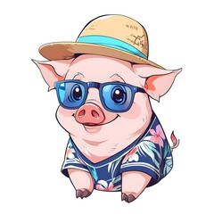 Wall Mural - Cute Cartoon Pig Wearing Sunglasses and a Hat