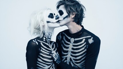 Canvas Print - A couple in skeleton makeup sharing a kiss, embodying a playful Halloween spirit.