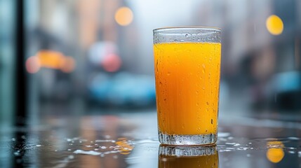 Wall Mural - A glass of orange juice sits on a wet table, with a blurred cityscape in the background.