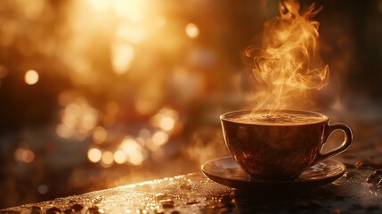 Wall Mural - A steaming cup of coffee sits on a table, illuminated by warm sunlight.