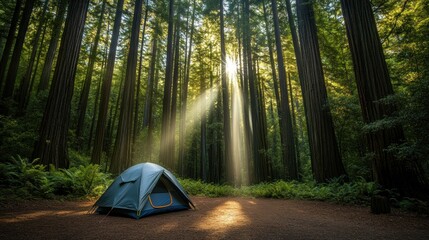 Wall Mural - A serene campsite nestled among towering trees, illuminated by soft sunlight.