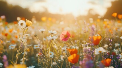 Wall Mural - A vibrant field of wildflowers illuminated by sunlight, showcasing nature's beauty.