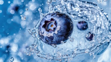 Wall Mural - A blueberry splashes into water, creating dynamic ripples and droplets.