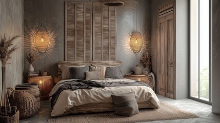 Poster - A serene bedroom with natural decor highlighting wood textures and cozy elements during daylight