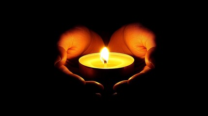 Cropped image of hands gently covering a glowing candle, creating a warm and inviting atmosphere against a dark black background, symbolizing tranquility, peace, and intimacy in a serene setting