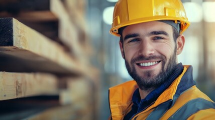 A man in a yellow safety helmet and orange jacket is smiling