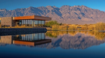 Sticker - Modern architecture reflects in tranquil water with mountains in the background.