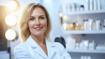 Sticker - A woman in a white lab coat is smiling and posing for a picture