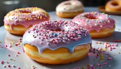 Wall Mural - Colorful pastel glazed donuts with sugary sprinkles showcasing the delight of a sweet bakery dessert