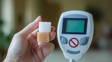 Diabetes Awareness Hand holding a sugar cube next to a glucose monitor with warning symbol, Diabetes Awareness, diet control and caution