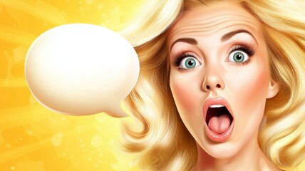 Poster - A woman with blonde hair and blue eyes is shown with a big open mouth