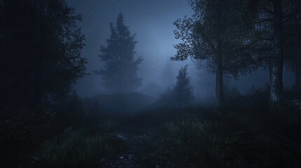  The forest lies shrouded in thick fog, transforming the dark night into a haunting scene, where silhouettes of trees fade into the mist.