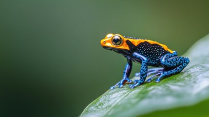 Sticker - A vibrant blue and orange frog perched on a green leaf in a natural setting.