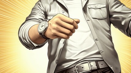 Poster - A man is wearing a watch and pointing at the time