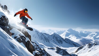 Wall Mural - Thrilling Snowboard Jump on a Majestic Mountain Slope