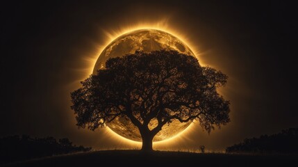 Wall Mural - A silhouette of a tree against a glowing moon, creating a dramatic and serene atmosphere.