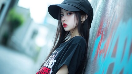 Canvas Print - A young woman in a casual outfit poses against a graffiti-covered wall, showcasing urban style.