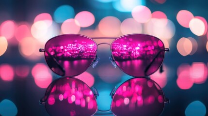 Wall Mural - A pair of reflective sunglasses with vibrant pink lenses against a blurred colorful background.