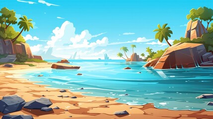 Wall Mural - Tropical Beach Scene with Palm Trees, Rocks, and Calm Ocean Water