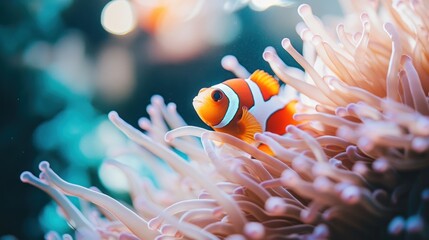 Wall Mural - A vibrant clownfish swimming among colorful sea anemones in a coral reef environment.