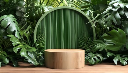 Tropical jungle podium with lush green wood and natural elements, perfect for product display under a summer canopy of leaves and plants.