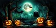 © Bay - A haunting Halloween night illuminated by glowing jack-o’-lanterns under a full moon with bats soaring through the eerie atmosphere filled with ghostly figures