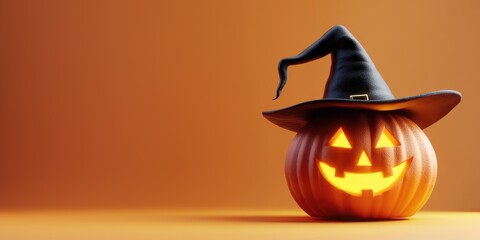 A glowing jack-o'-lantern with a witch's hat on a warm orange background, creating a festive Halloween atmosphere for an enchanting autumn evening. Halloween background, copy space.