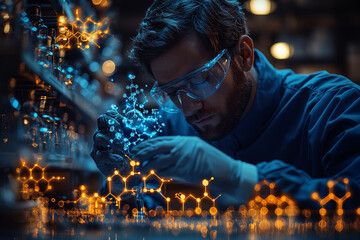 Poster - A chemist using AI to predict molecular structures. Concept of artificial intelligence in chemical research.