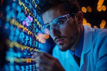 Poster - a biomedical researcher analyzing crispr-edited genes with state-of-the-art software. concept of gen