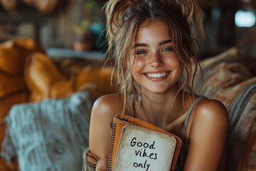 Poster - a young woman laughing while holding a journal with 