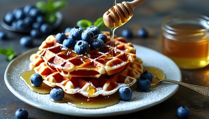 Wall Mural - Delectable tower of blueberry waffles drizzled with honey syrup, a sweet indulgence for dessert lovers