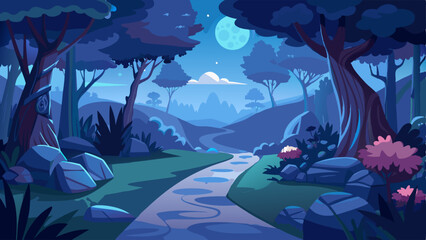 path in forest at night cartoon vector landscape. magic woodland pathway and tree silhouette. dark b