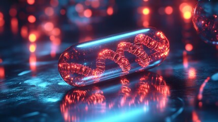 A luminous pill on a metallic surface, beams of light illuminating floating digital DNA holograms, futuristic science scene, vibrant neon colors, 3D illustration, biotech theme