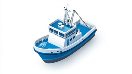 Wall Mural - A blue boat with a white top is on a white background