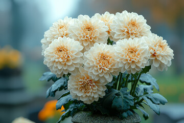 Sticker - A close-up of white and yellow chrysanthemums, traditionally placed on graves during All Saints' Day in many European countries.