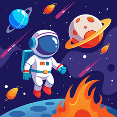 astronaut explore planet in space cartoon fantasy vector background. falling meteorite in outer cosm