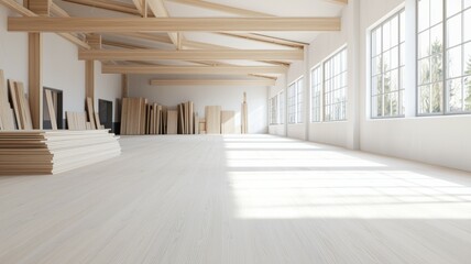 Wall Mural - A large open room with a lot of wood and a lot of windows