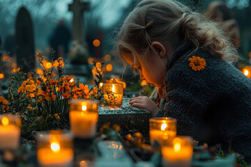 Canvas Print - A child watching as their parents light candles and place flowers on a gravestone, learning the traditions of European Catholic remembrance.