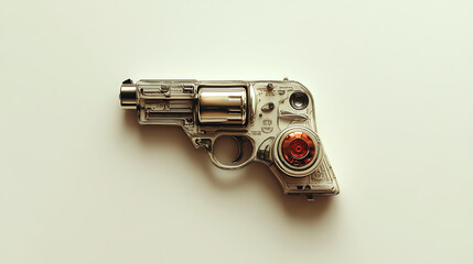 Transparent Revolver on White Background: A close-up of a transparent revolver, revealing its inner workings and intricate details. The firearm is isolated against a pristine white background, creatin