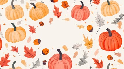 Festive pattern of pumpkins, autumn leaves, and acorns with happy thanksgiving message - thanksgiving day concept