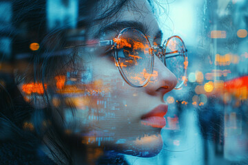 Poster - a person in a colorful, busy street scene with their reflection in a shop window showing a face obsc